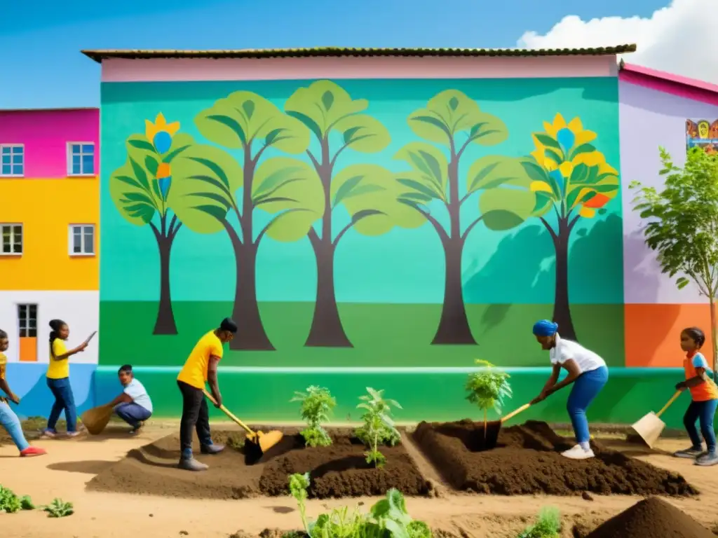 Voluntarios y miembros comunitarios plantan árboles y crean jardín