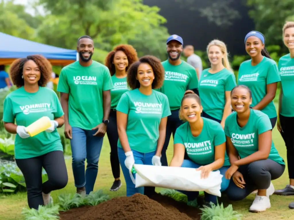 Voluntarios y miembros de la comunidad limpian un parque local, resaltando la sostenibilidad y el compromiso comunitario