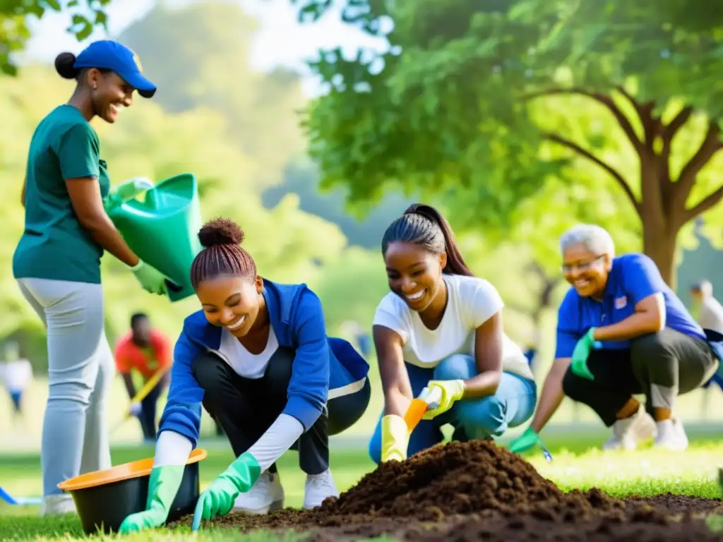 Voluntarios y miembros de la comunidad limpian un parque local, mostrando la integración de la comunidad en ONG con tareas diversas y sonrisas