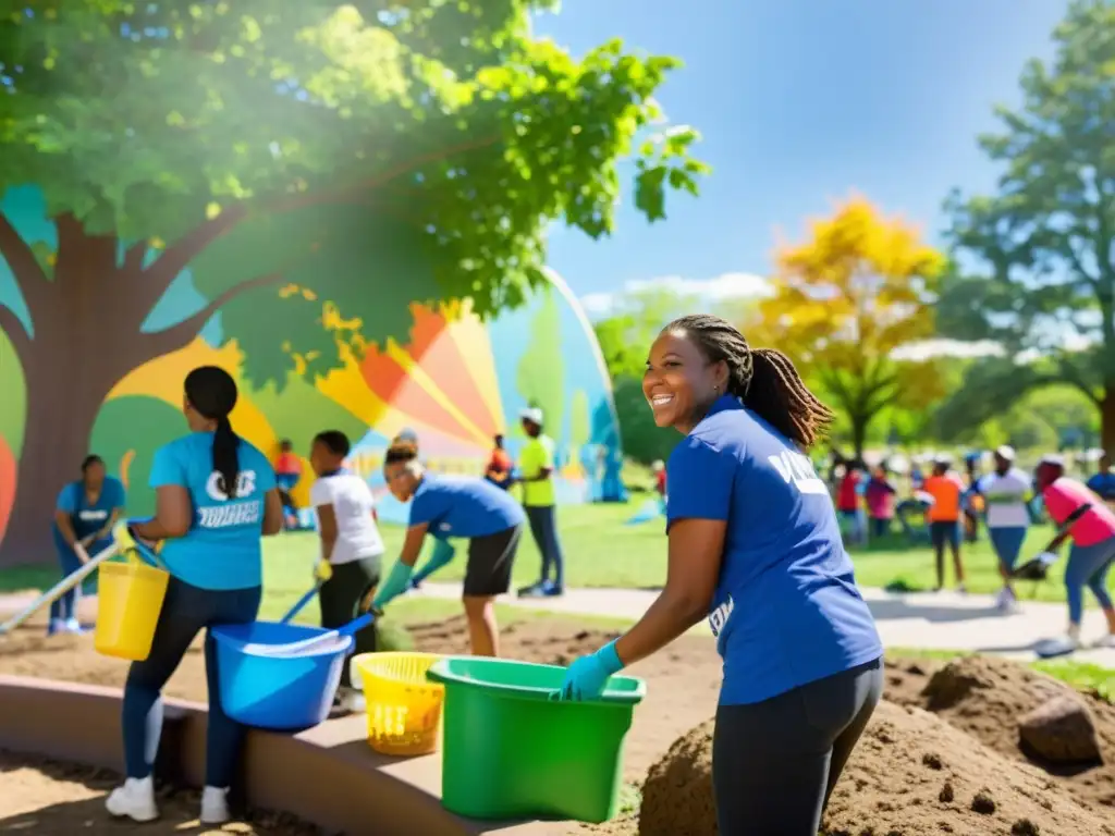 Voluntarios y miembros de la comunidad limpian un parque local, con murales coloridos y niños jugando