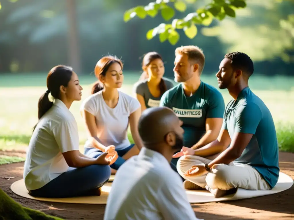 Voluntarios practicando mindfulness en un entorno natural sereno, transmitiendo calma y enfoque