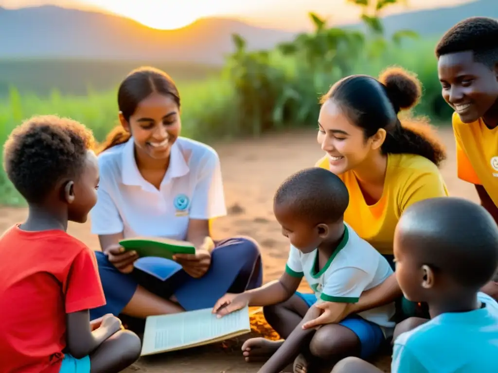 Voluntarios de una ONG comparten narrativas con niños al atardecer