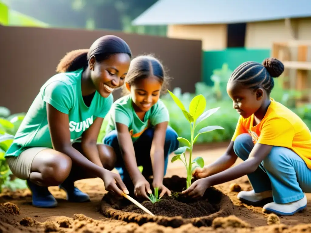 Voluntarios y niños potencian competencias en ONG al construir jardín sostenible juntos bajo el cálido sol