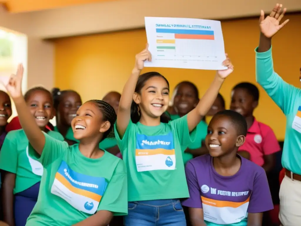 Voluntarios y niños participan en taller de educación financiera en un centro comunitario iluminado por el sol