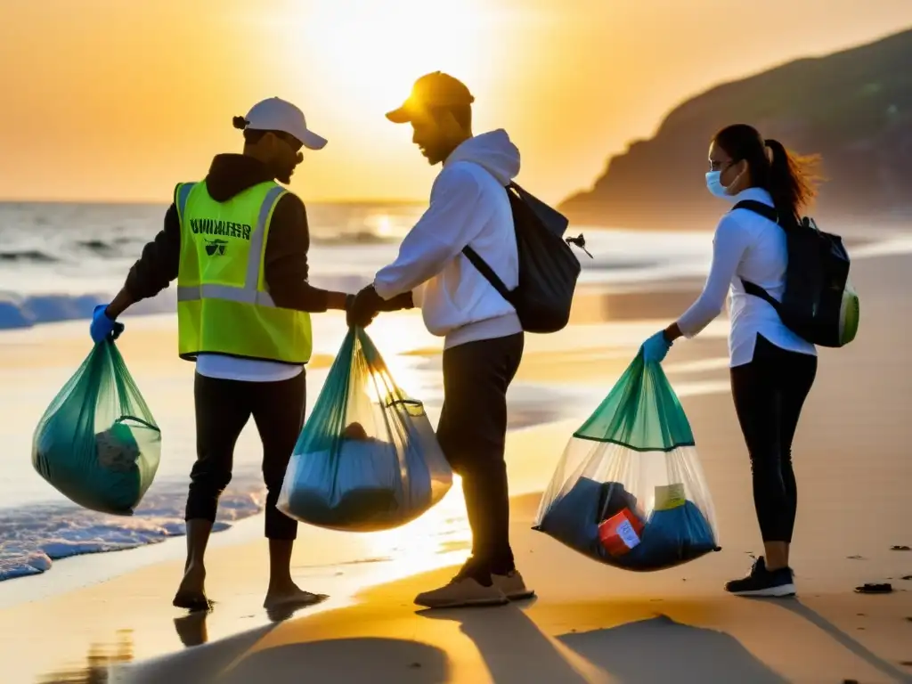 Voluntarios de una ONG ambiental realizan una limpieza de playa al atardecer, mostrando su compromiso con la conservación