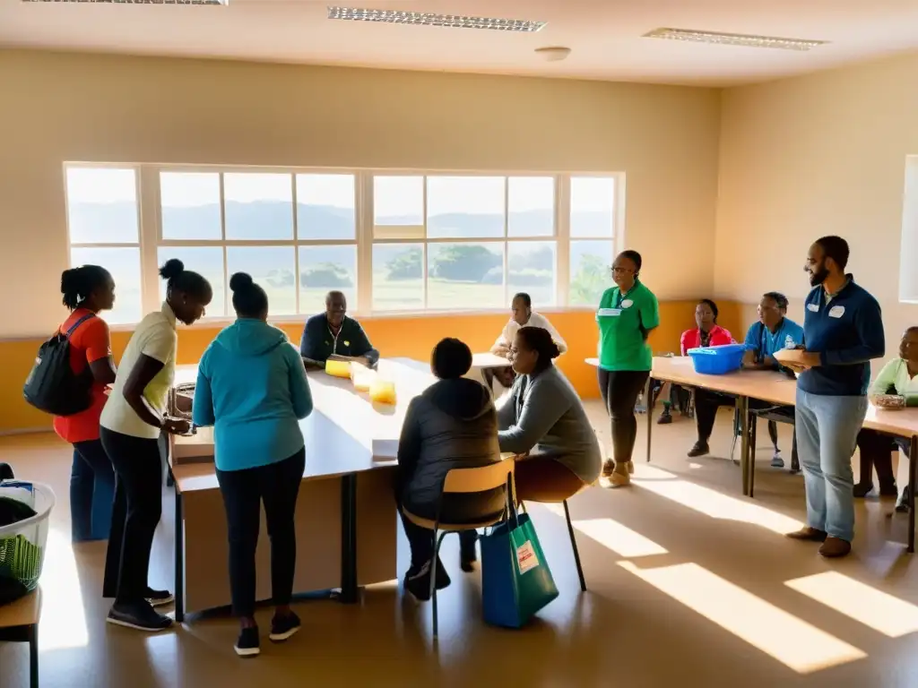 Voluntarios ONG colaborando en un centro comunitario, organizando donaciones y liderando talleres educativos