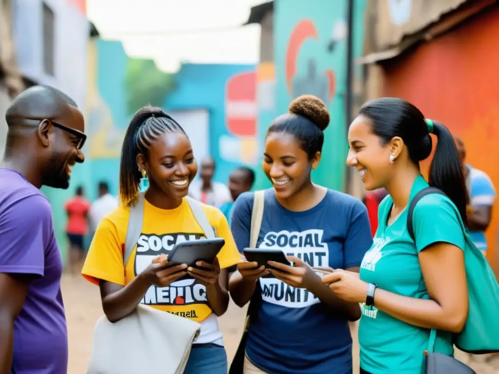 Voluntarios de una ONG planificando estrategias de inversión publicidad redes sociales en comunidad diversa, con arte callejero de fondo