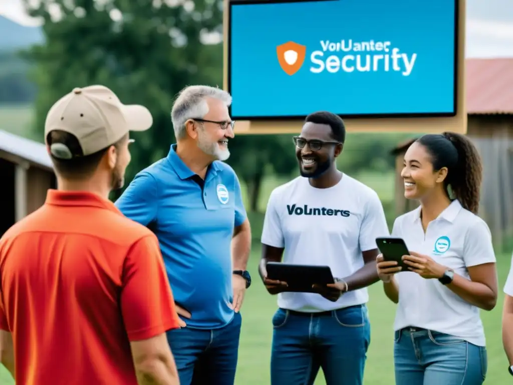 Voluntarios de una ONG implementando medidas de Seguridad IoT en una comunidad rural, promoviendo la seguridad y bienestar comunitario