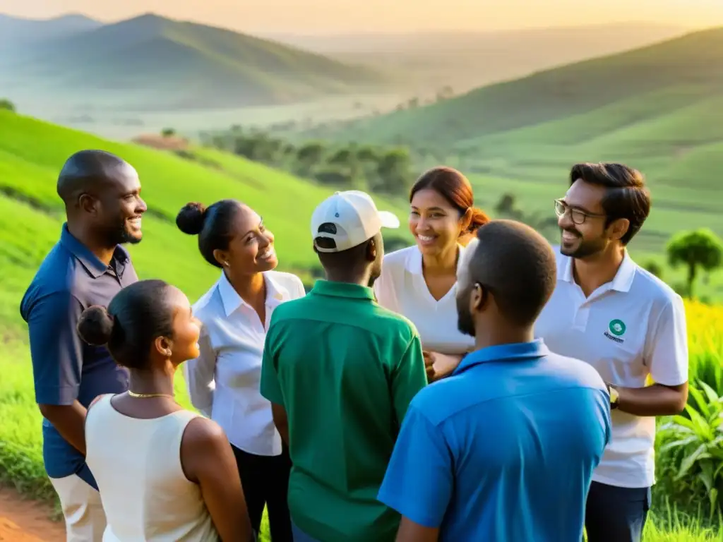 Voluntarios de una ONG planeando un proyecto comunitario al atardecer en un entorno rural