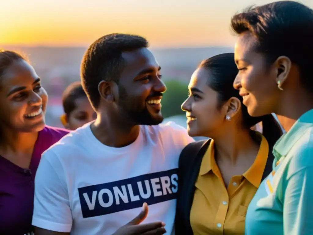 Conversaciones al atardecer: Impacto humano y esperanza comunitaria Voluntarios de ONGConsultores conversan con la comunidad al atardecer, reflejando el impacto del análisis de sentimiento en ONGs