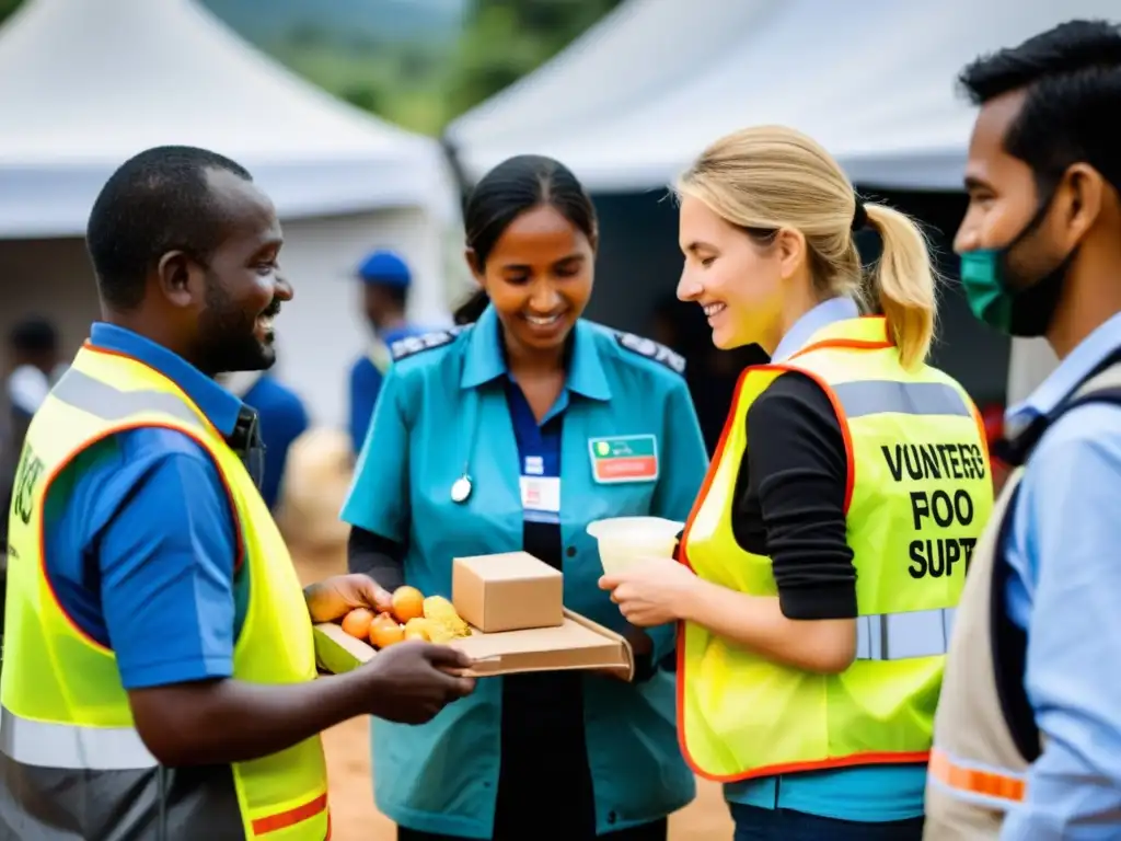 Voluntarios de ONGs brindan ayuda humanitaria en zona de desastre, mostrando la responsabilidad social en ONGs