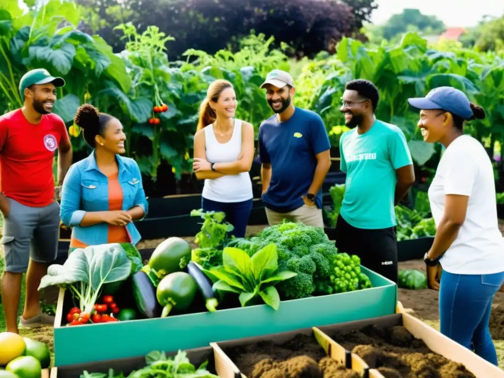 Voluntarios de ONGs promueven el desarrollo sostenible en huerto comunitario, compartiendo ideas y trabajando juntos hacia objetivos comunes