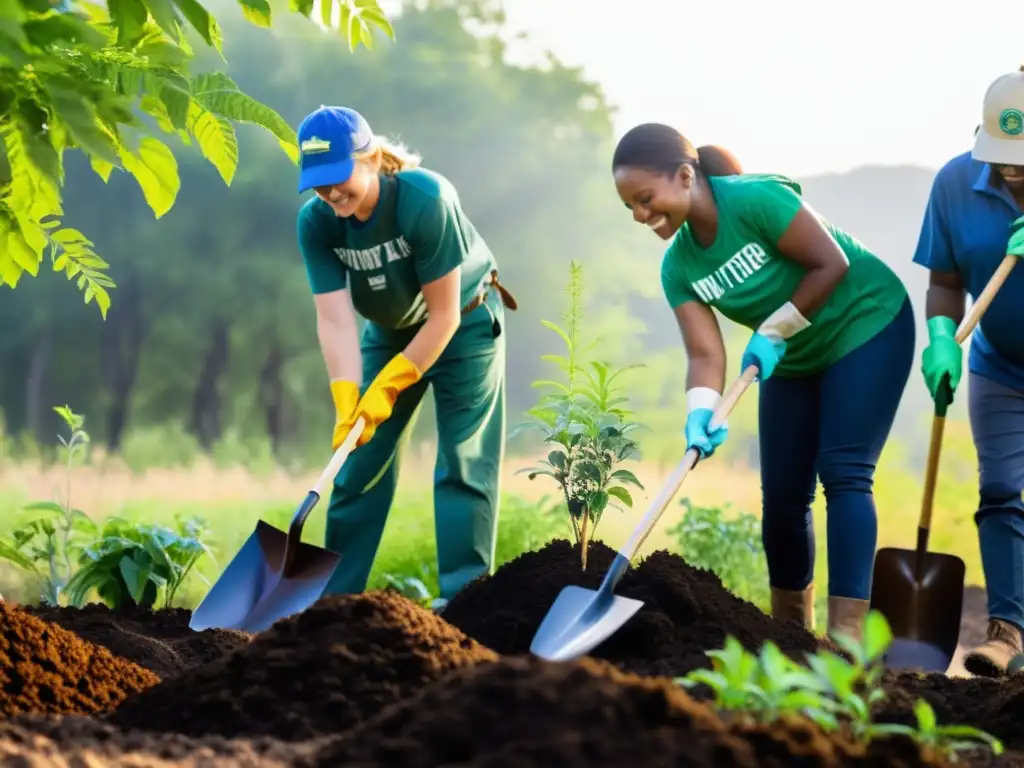 Voluntarios de ONGs restaurando hábitats ecosistemas con árboles nativos, rodeados de flora y fauna diversa