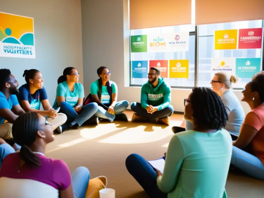 Voluntarios de ONGs discuten estrategias de storytelling con pasión y energía, rodeados de posters coloridos