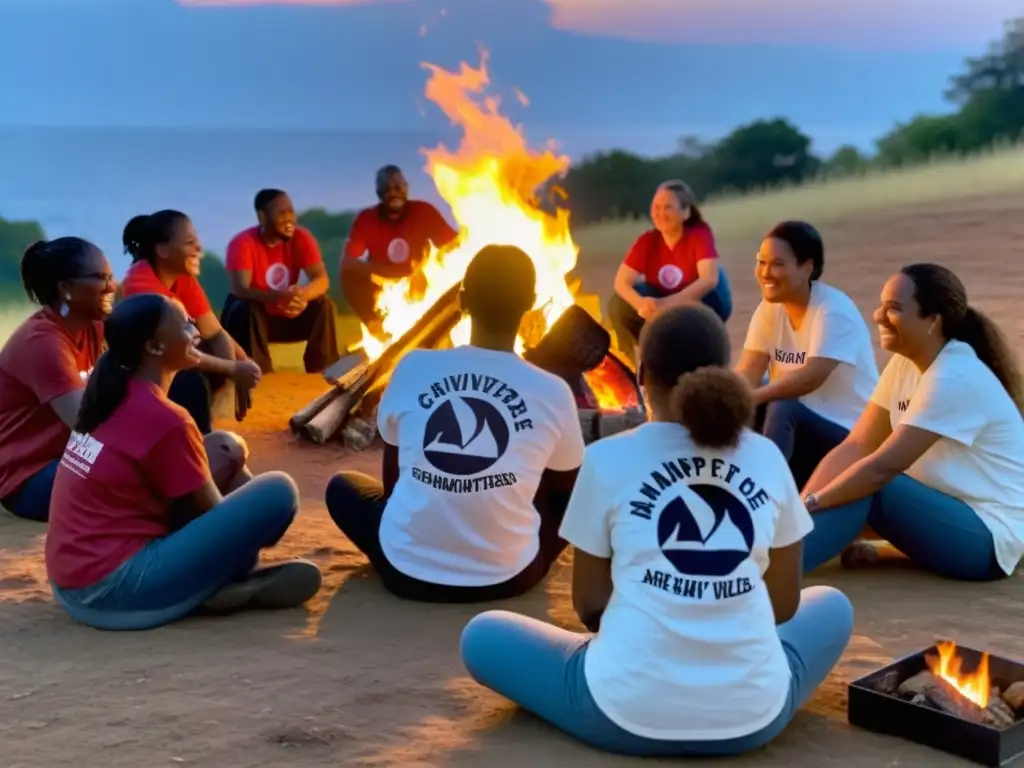 Voluntarios de ONGs comparten historias alrededor de la fogata al atardecer, fomentando el storytelling para ONGs y donantes