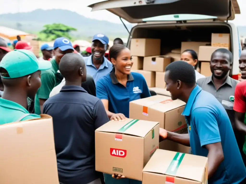 Voluntarios de ONGs en cooperación internacional erradicando la pobreza, distribuyendo suministros en comunidad necesitada