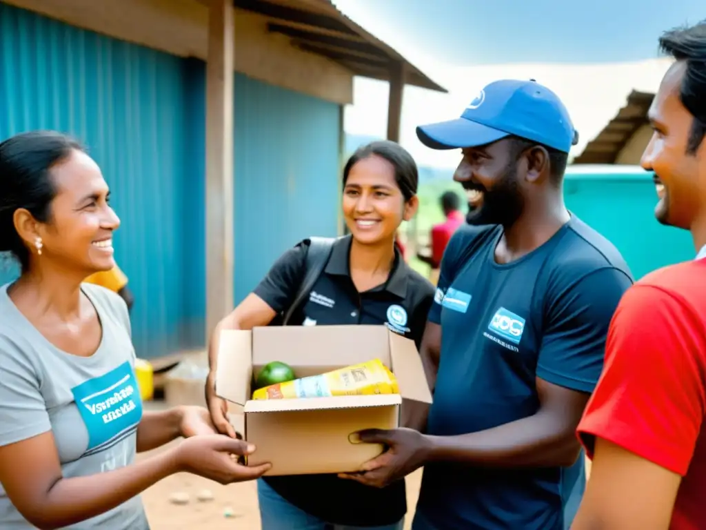 Voluntarios de ONGs internacionales distribuyen ayuda en una comunidad en crisis, mostrando la cooperación y adaptación en tiempos difíciles