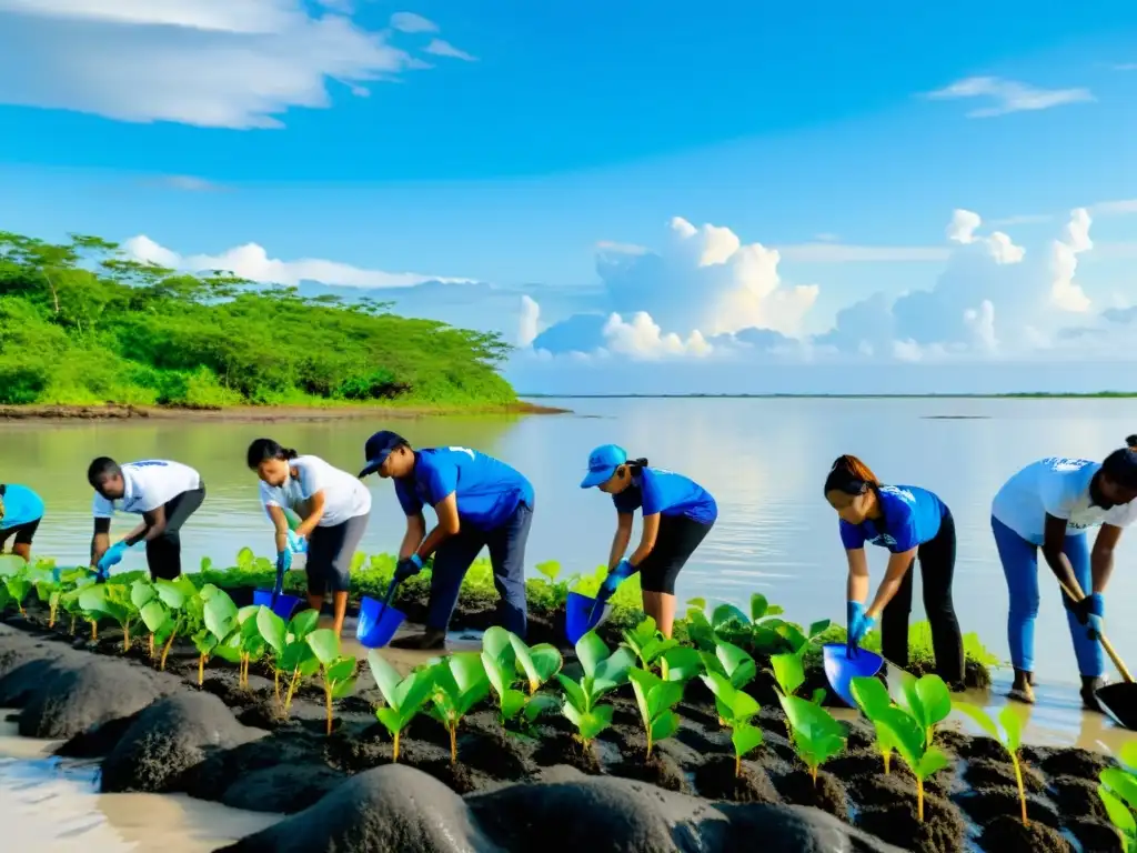 Voluntarios de ONGs plantan manglares en la costa, demostrando determinación y trabajo en equipo en programas de adaptación al cambio climático