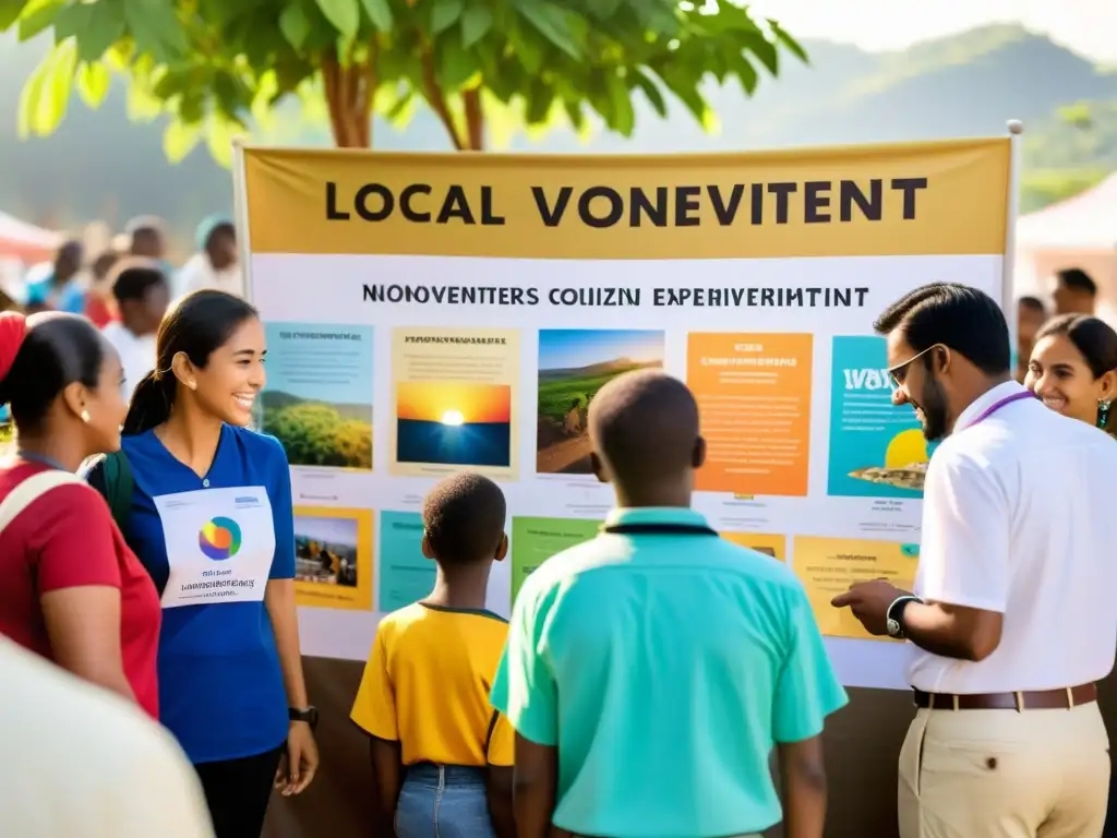 Voluntarios de ONGs promoviendo la participación ciudadana en divulgación científica con experimentos y materiales educativos, en un entorno vibrante y colaborativo