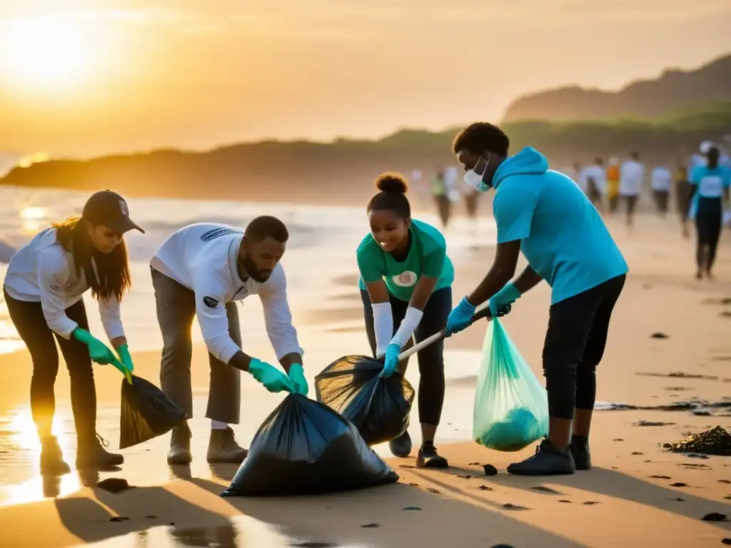 Voluntarios de ONGs limpiando la playa al atardecer, mostrando unidad y responsabilidad social para empresas sostenibles