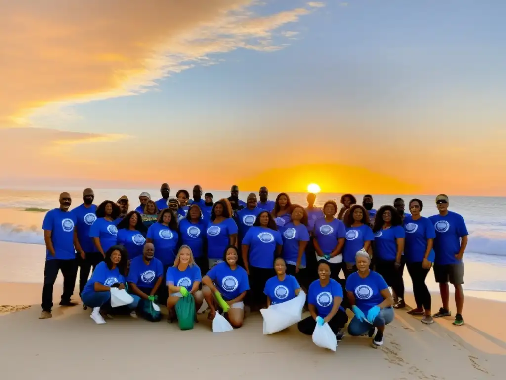 Unidos por el Planeta: Voluntarios Limpiando la Playa al Atardecer Voluntarios de ONGs unidos limpiando la playa al atardecer, reflejando el propósito y la comunidad para mejorar reputación digital ONGs