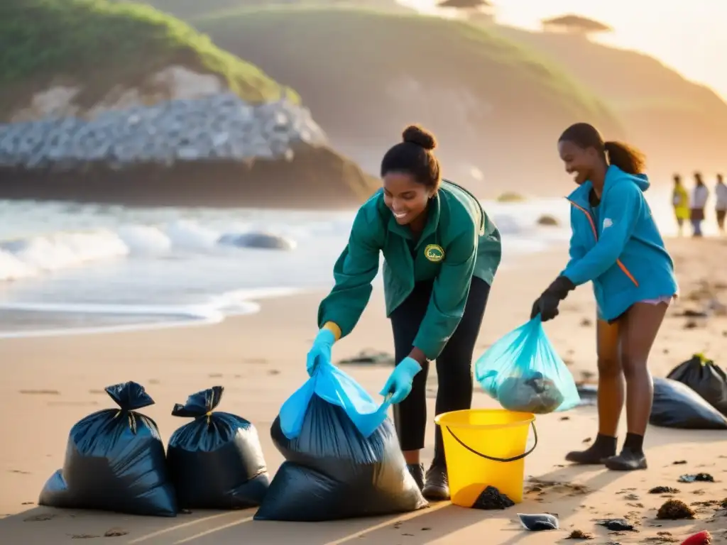 Atardecer de esperanza: Activistas limpian playa Voluntarios de ONGs limpiando una playa, formación en sostenibilidad para ONGs