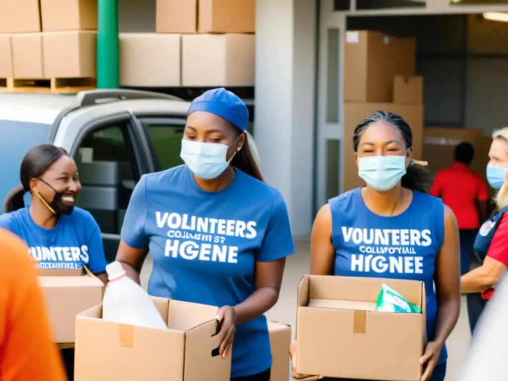 Voluntarios de ONGs distribuyen suministros a familias necesitadas, mostrando el impacto positivo de la economía colaborativa para ONGs