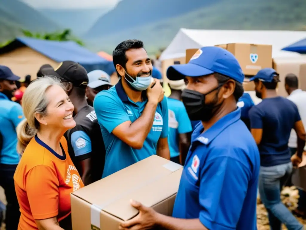 Voluntarios de ONGs distribuyen suministros en zona de desastre, mostrando beneficios de economía colaborativa para ONGs