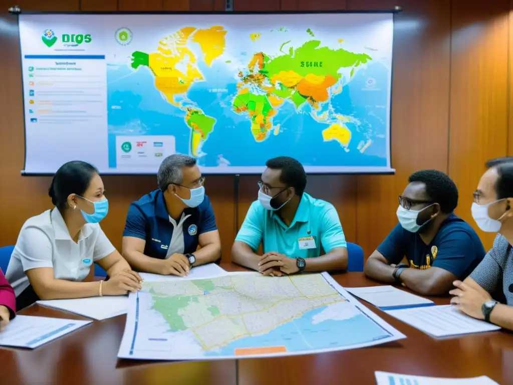 Voluntarios de diversas ONGs unidos para abordar desafíos en crisis, en una sala llena de mapas y documentos, mostrando determinación y unidad