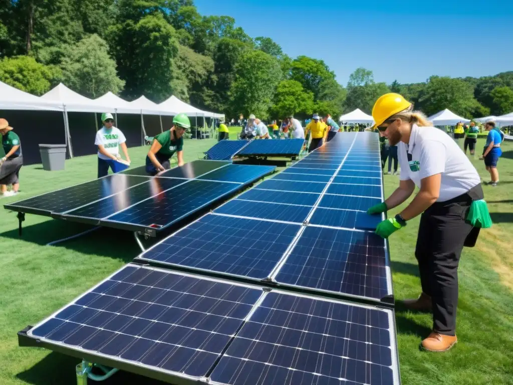 Voluntarios y organizadores instalan paneles solares y estaciones de reciclaje en evento al aire libre para ONG, reducir huella carbono eventos ONG