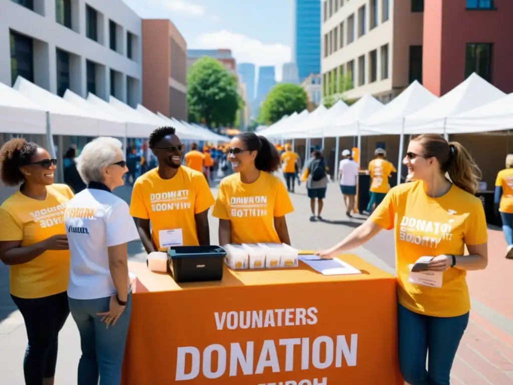 Voluntarios y organizadores montando un puesto de donaciones en plaza de la ciudad, con energía y compromiso