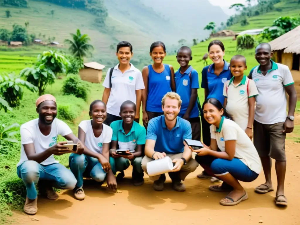 Voluntarios de diferentes países trabajando juntos para brindar ayuda en una aldea remota, rodeados de exuberante vegetación y niños sonrientes