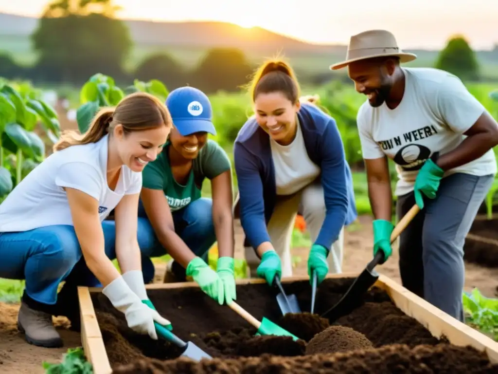 Voluntarios de diferentes países construyen juntos un jardín comunitario sostenible al atardecer