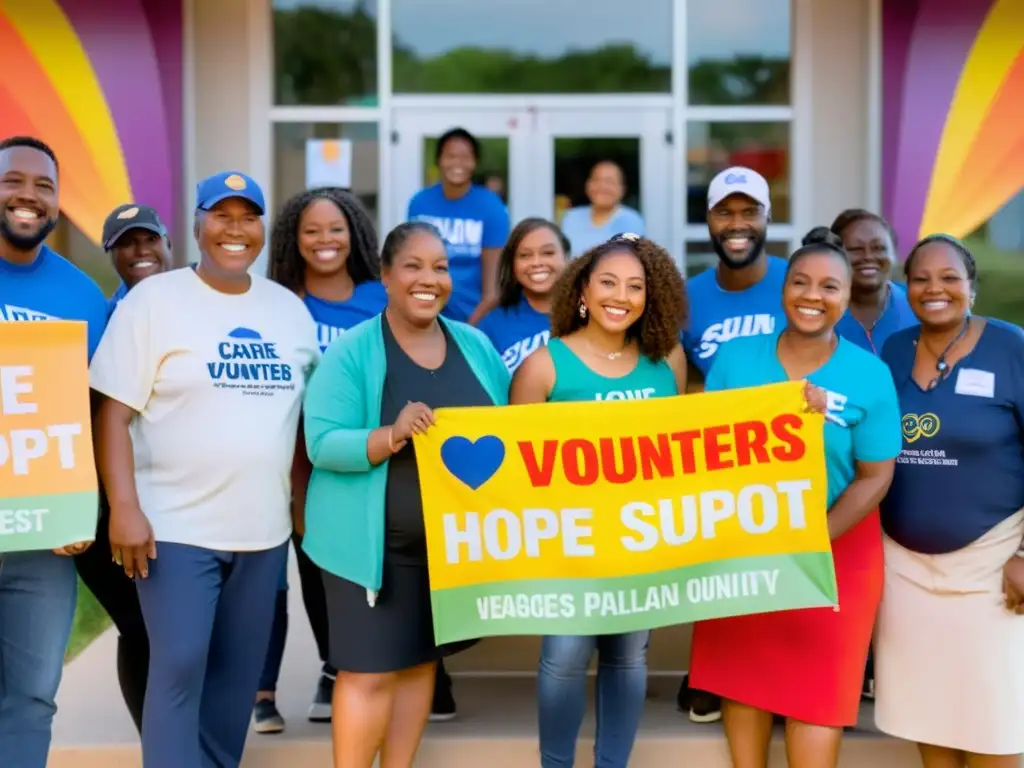 Voluntarios entregan paquetes de ayuda y apoyo en centro comunitario al atardecer, generando solidaridad y estrategias fundraising efectivas ONG