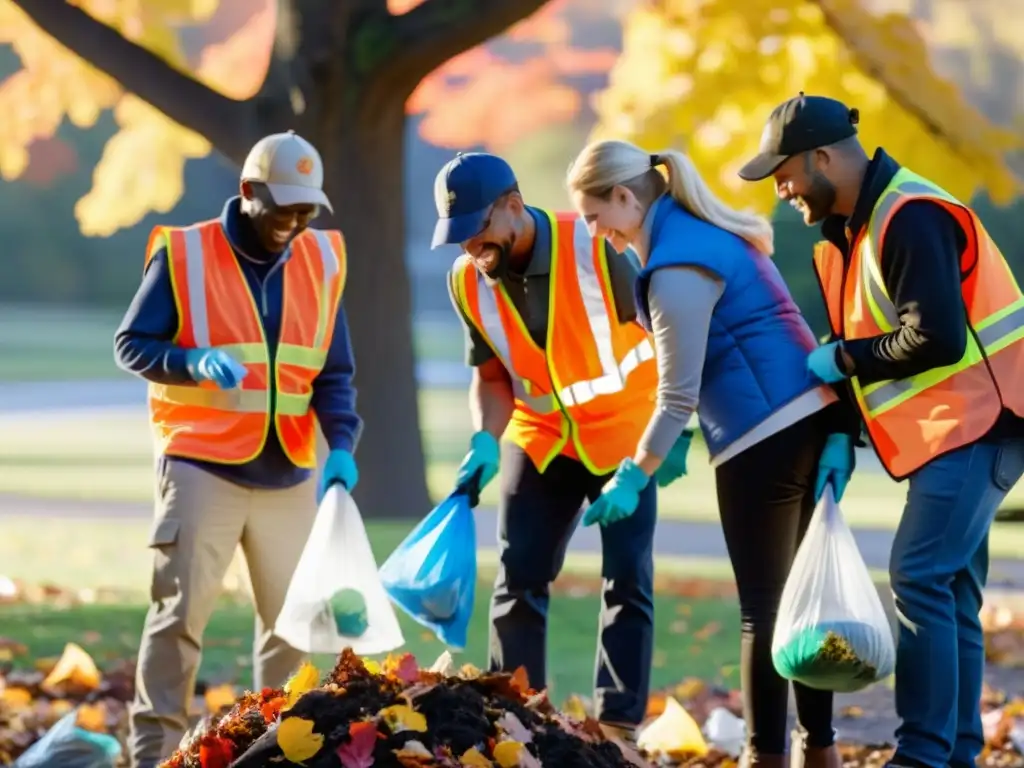 Voluntarios en acción, limpiando un parque al atardecer