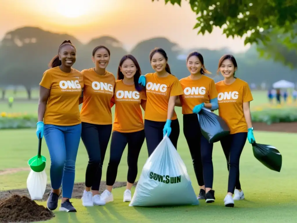 Voluntarios de ONG limpian parque al atardecer, transmitiendo comunidad, propósito e impacto positivo