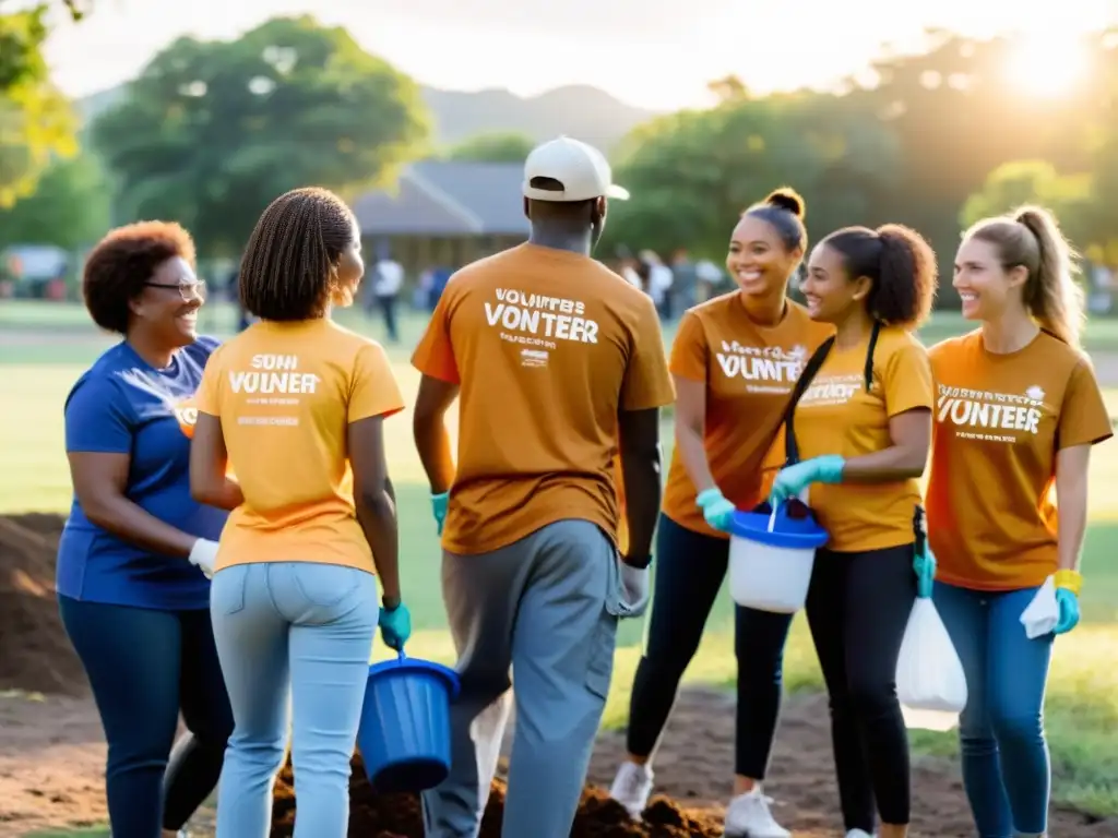 Voluntarios colaboran limpiando un parque al atardecer, reflejando la identidad y valores en ONGs de trabajo en equipo y compromiso comunitario