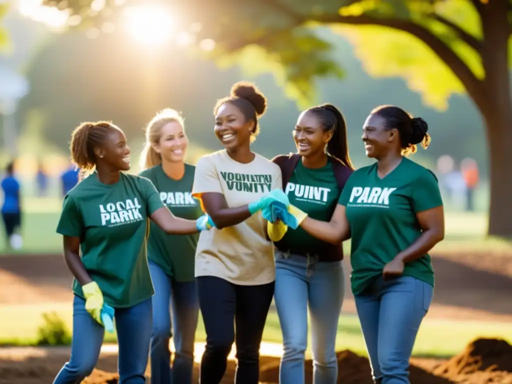 Voluntarios de una ONG limpian un parque al atardecer, mostrando la importancia del branding en ONGs mediante su unión y dedicación