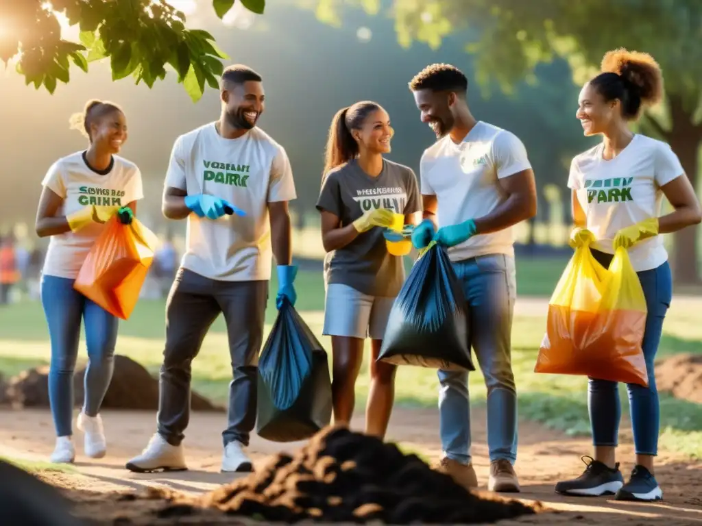 Varios voluntarios colaborando para limpiar un parque al atardecer, transmitiendo la gestión ética de voluntarios en ONGs