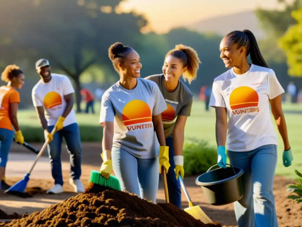 Voluntarios unidos limpian un parque al atardecer, construyendo reputación online ONG