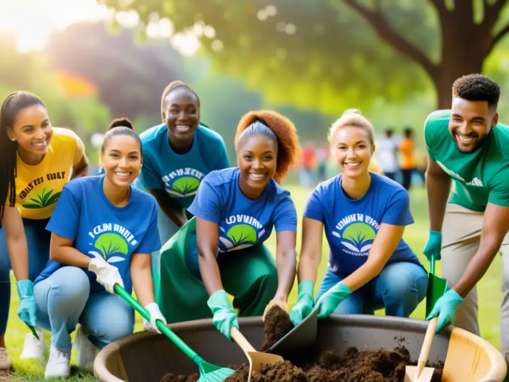 Voluntarios de ONG limpian parque comunitario al atardecer, fomentando la sostenibilidad y la unión comunitaria