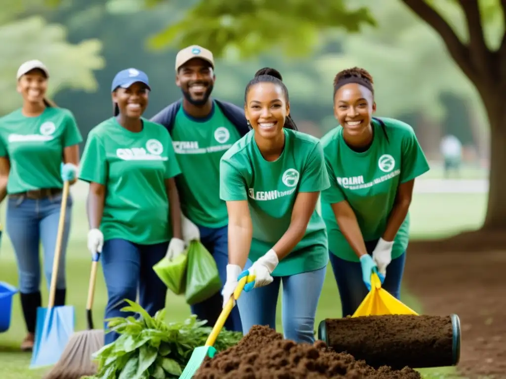 Voluntarios de una ONG limpian un parque, transmitiendo energía positiva e impacto ambiental