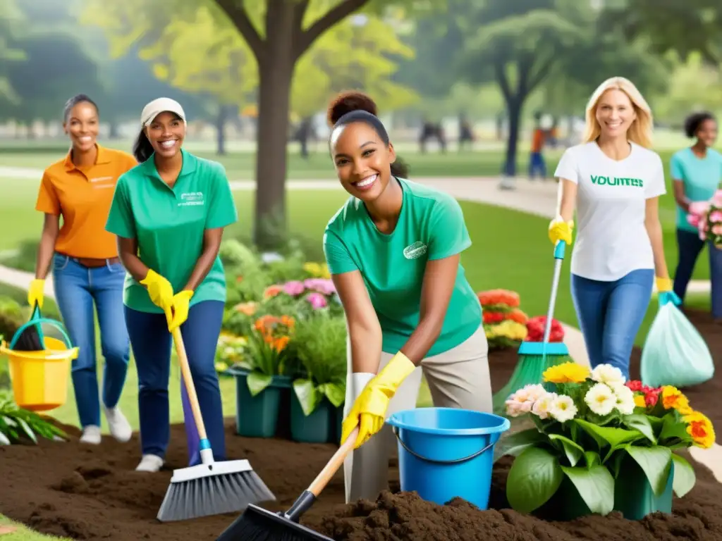 Voluntarios y comunidad limpian parque, uniendo RSE en estrategia de marketing ONG, escena de colaboración y naturaleza colorida