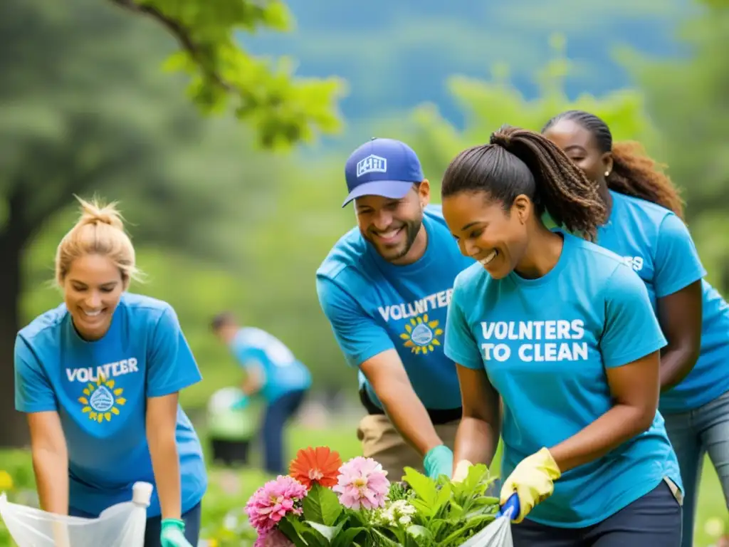 Voluntarios limpiando un parque, plantando flores y promoviendo la visibilidad online de una ONG con herramientas SEO