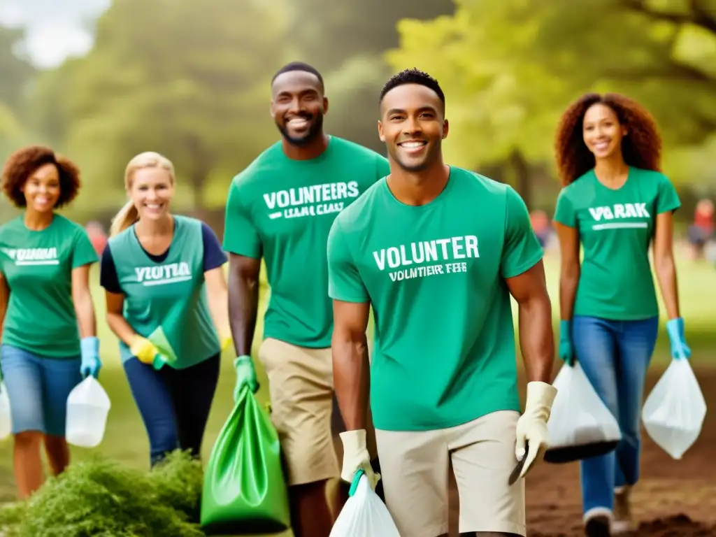 Voluntarios limpiando un parque, mostrando el impacto positivo en la comunidad y el medio ambiente