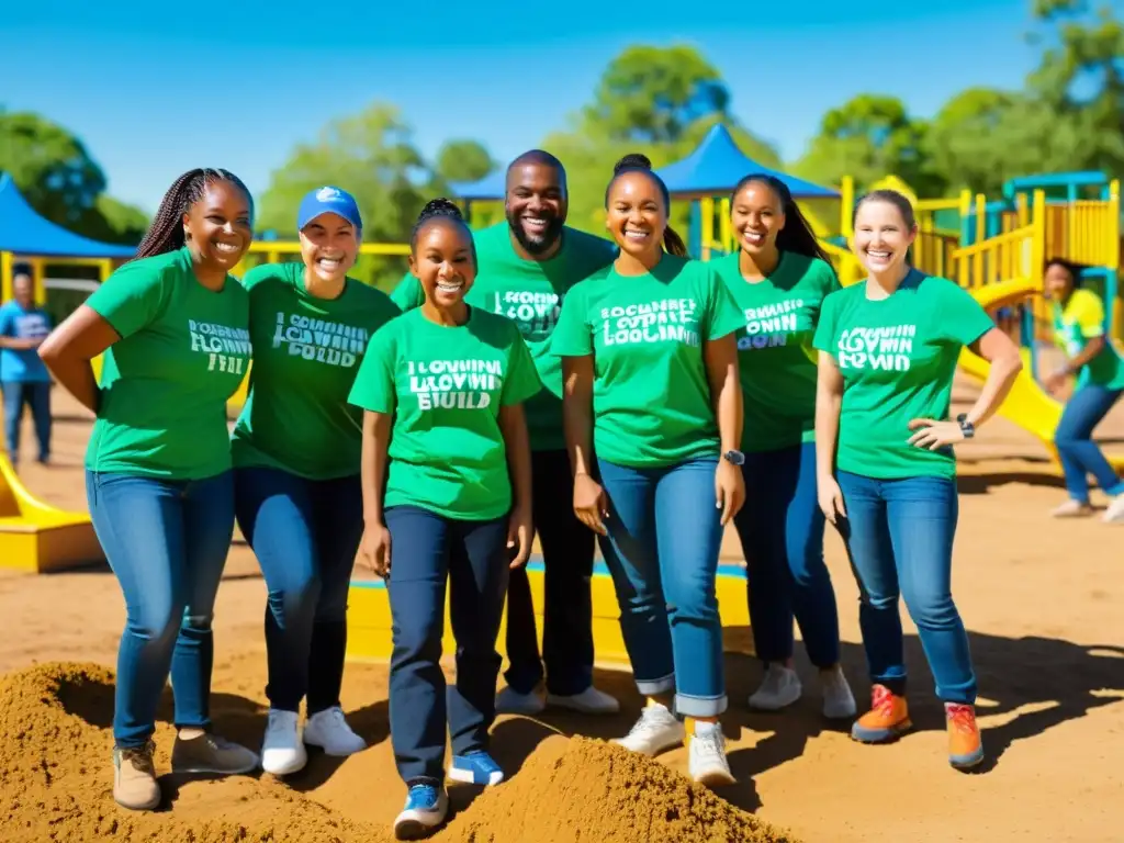 Voluntarios construyendo un parque infantil en comunidad de bajos recursos