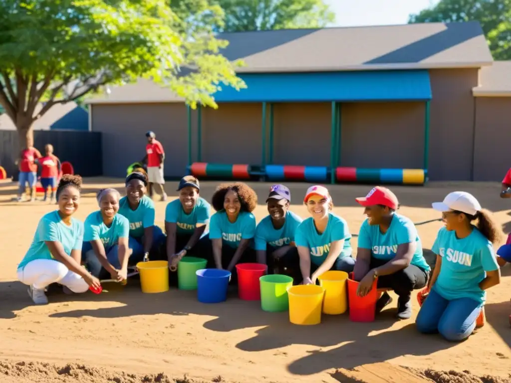 Voluntarios construyendo un parque infantil en un vecindario de bajos recursos al atardecer, mostrando la impactante propuesta de valor única ONG