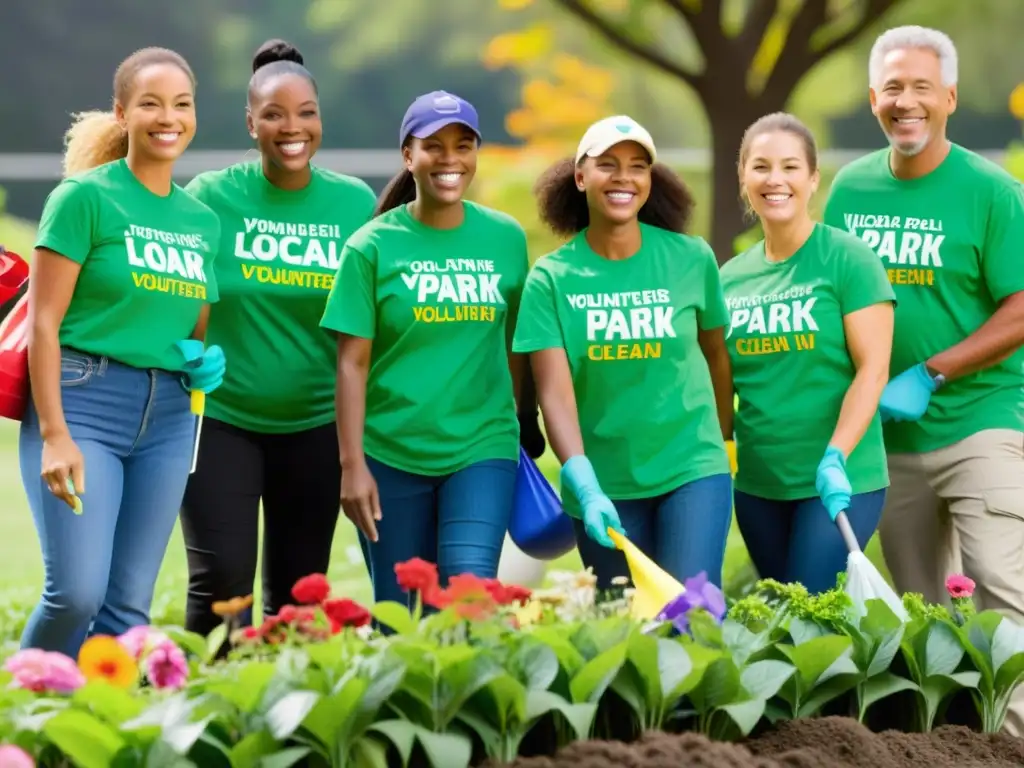 Voluntarios de una ONG limpian y embellecen un parque local, rodeados de árboles verdes y flores coloridas