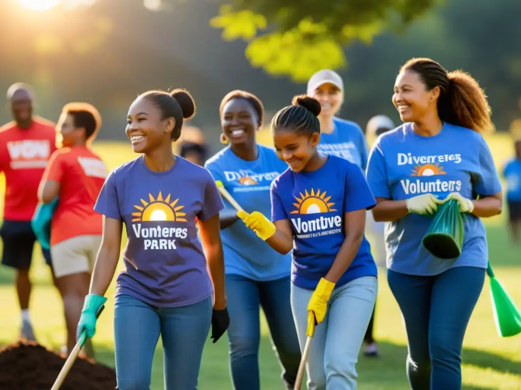 Voluntarios colaborando para limpiar un parque, con niños jugando y miembros de la comunidad agradecidos