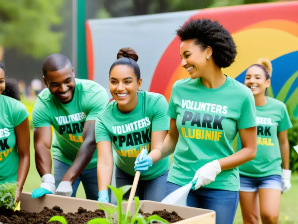 Voluntarios limpiando un parque con murales coloridos y niños felices en el fondo